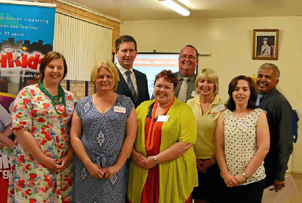COMMUNITY APPROACH: BUSHkids staff Alison Dowdle, Susan Harrison, Allison McLean, Linda Cholawinskyj and Bec Wright with Health Minister Lawrence Springborg, Mayor Peter Blundell and BUSHkids CEO Carlton Meyn at the Friends of BUSHkids launch on Friday. COMMUNITY APPROACH: BUSHkids staff Alison Dowdle, Susan Harrison, Allison McLean, Linda Cholawinskyj and Bec Wright with Health Minister Lawrence Springborg, Mayor Peter Blundell and BUSHkids CEO Carlton Meyn at the Friends of BUSHkids launch on Friday.